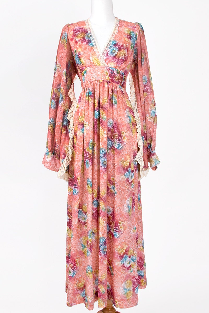 60s Maxi Dress Pink Angel Sleeve Vintage Floral Print Hippie Medium