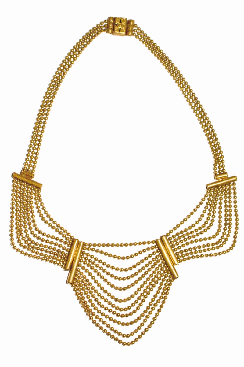 40s Gold Bib Necklace Chain Etruscan Revival Hippie Boho