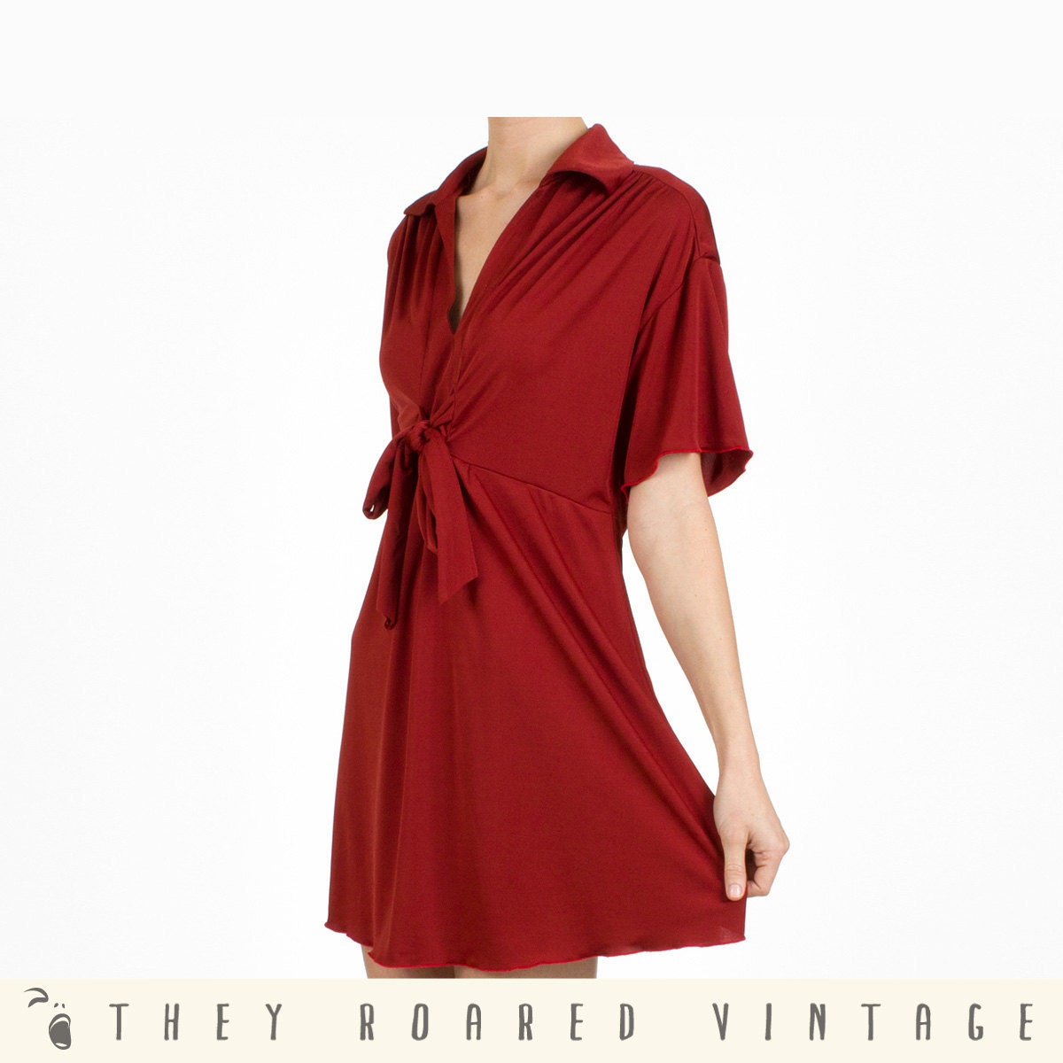 70s Vintage Red Party Dress Waistline Bow Large XLarge