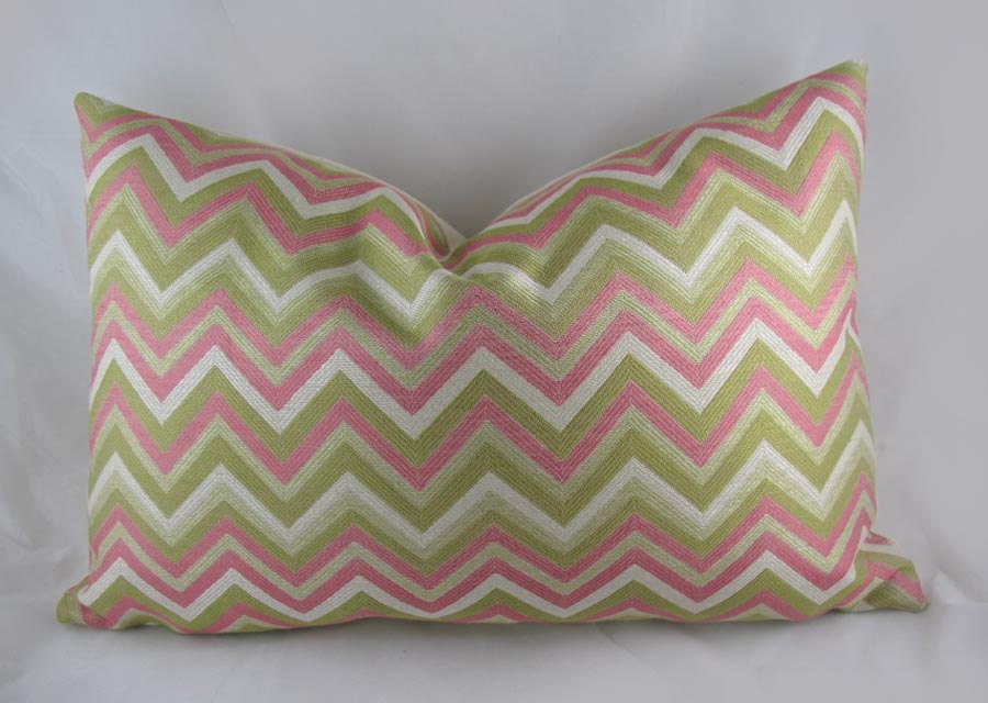 Decorative Pillow Cushion Cover - Accent Pillow - Throw Pillow - Duralee Blossom - Chevron - Zigzag - pink, khaki, green - 12 x 18