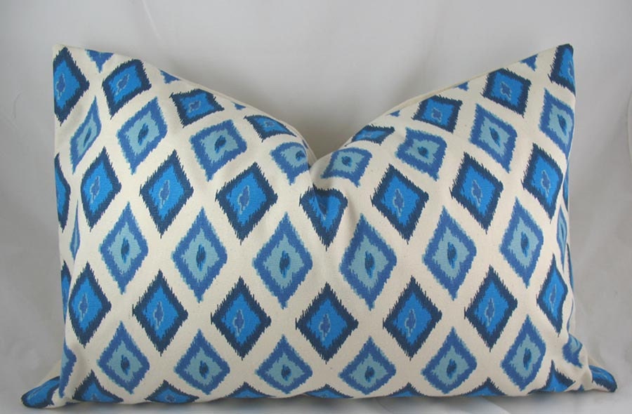 Decorative Pillow Cushion Cover - Accent Pillow - Throw Pillow - Lumbar - Summer Blue Ikat - 12 x 20 Inch