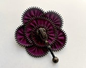 Vintage  Brooch -Zipper Pin. Approx 2,6 in/ 6,5 cm - plum-eco friendly, YKK Zipper, recycled jewelry