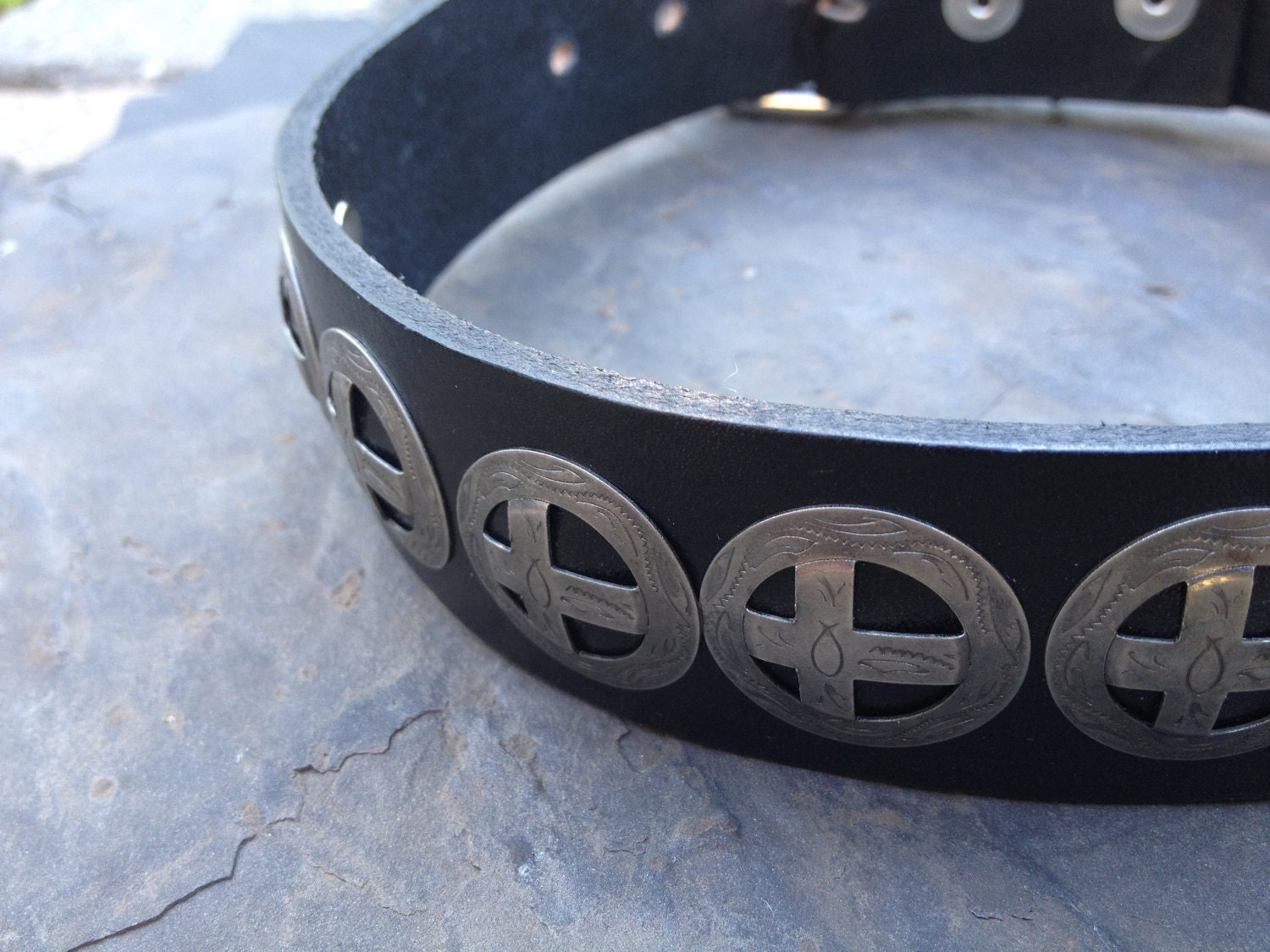 Custom Embellished Leather Dog Collar with Decorative Conchos