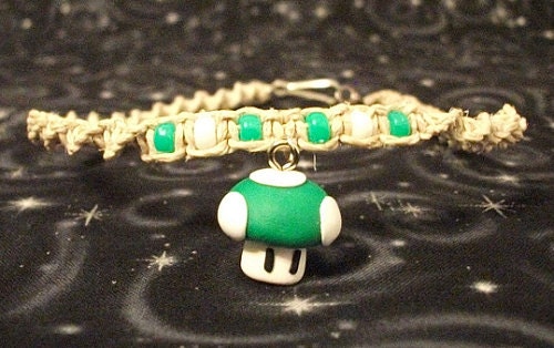 Natural Hemp Twist Necklace with Polymer clay Mario 1-Up Shroom and Accent Beads