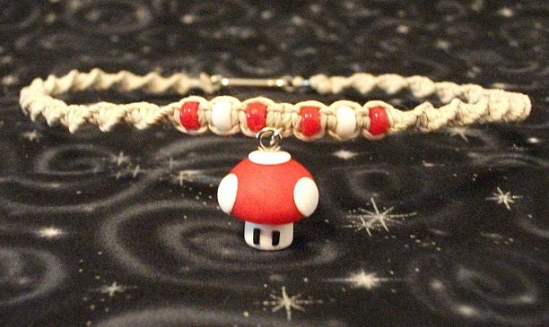 Natural Hemp Twist Necklace with Polymer Clay Mario Super-Shroom and Accent Beads