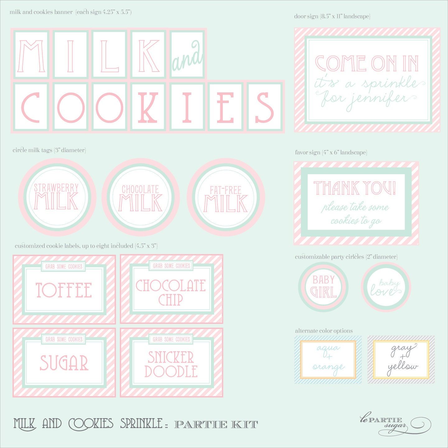 Milk & Cookies Partie Kit - Pink/Mint, Aqua/Orange or Gray/Yellow color options - PRINTABLE