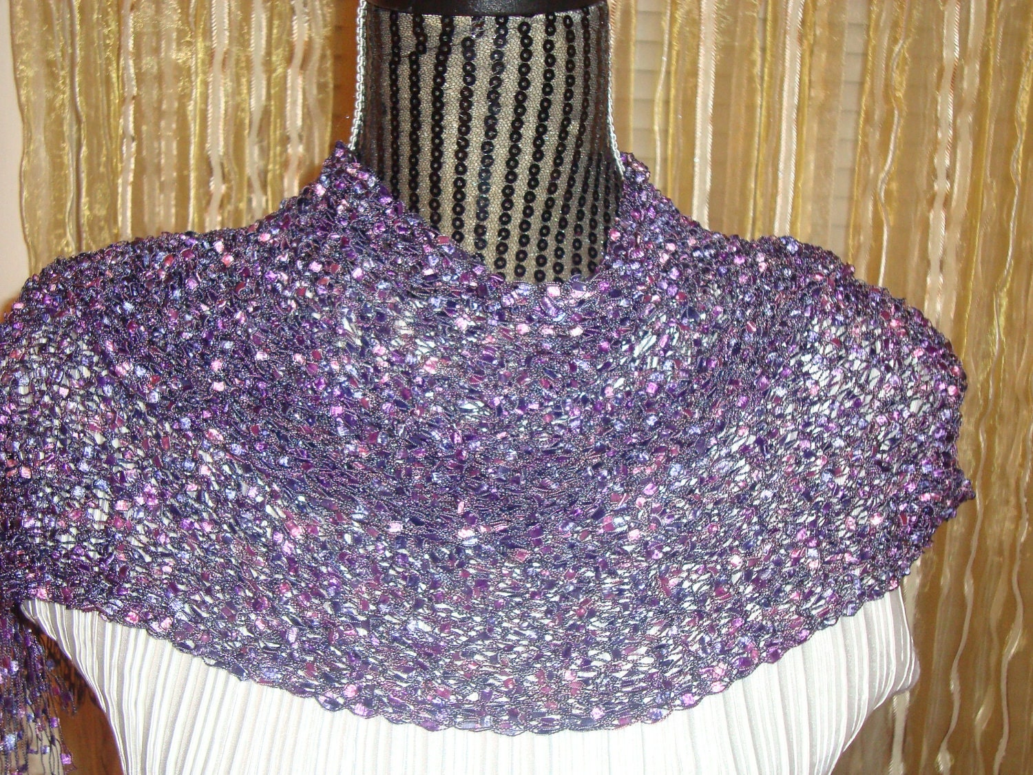 Scarf  Purple  Knit.Spring/Summer.Ribbon.Ladder.Fringed.Bridesmaid.Gift. Dressy.Stained  glass.Light.Ready to ship.