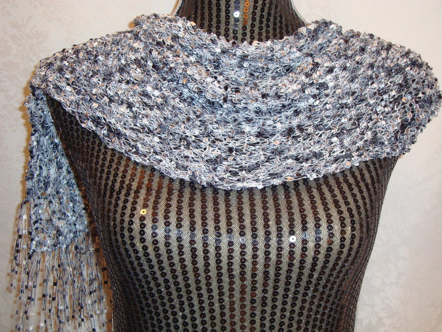 Knit Scarf Black/Silver.Ladder.Ribbon.Gift.Spring/Summer.Light.Stained Glass.Ready to ship.