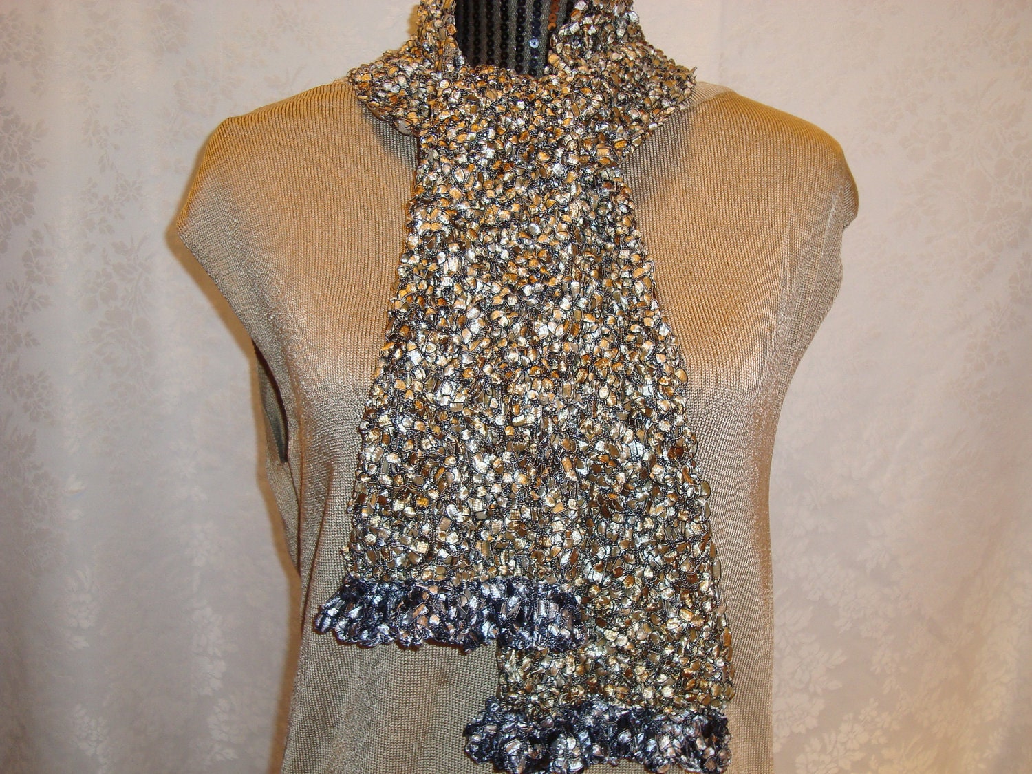 Knit  Scarf.Pink Green.Golden.Black Ruffle Trim. Light.Ladder.Ribbon  Yarn.Spring/Summer.Gift. Dressy.