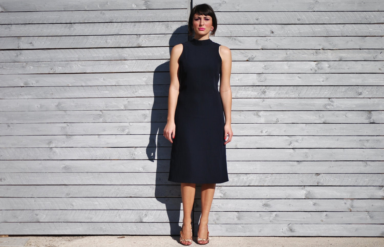 Vintage Dark Blue Tubino Dress with V Open Back