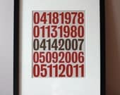 Personalized special dates art print - wedding anniversary, family / baby / kids birthdays, significant numbers, engagement