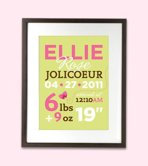 Personalized baby birth statistics nursery art print - printed on eco-friendly recycled paper