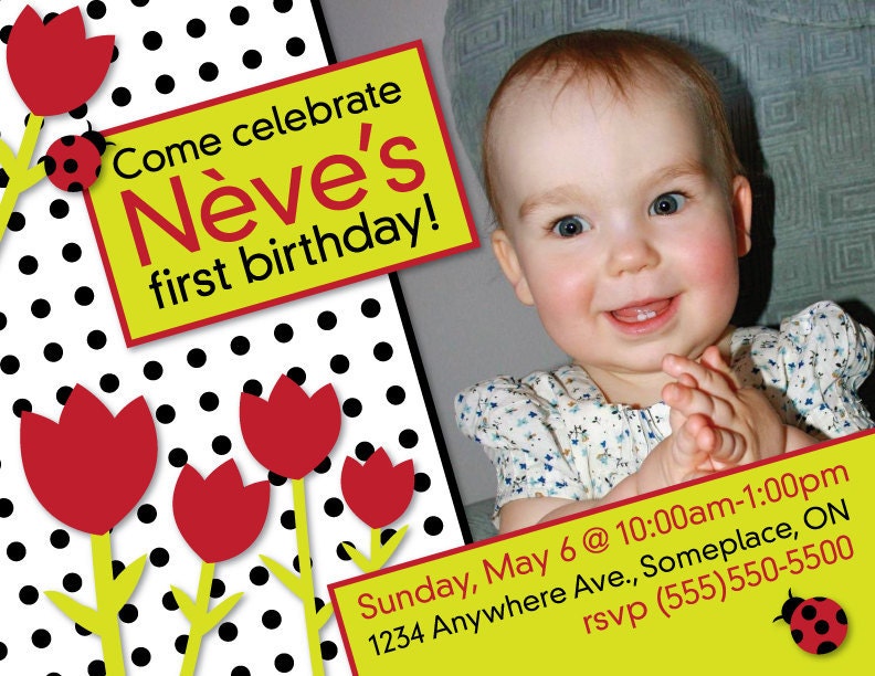 Tulips & Ladybugs printable modern party invitation - with photo - for birthday, shower, etc.