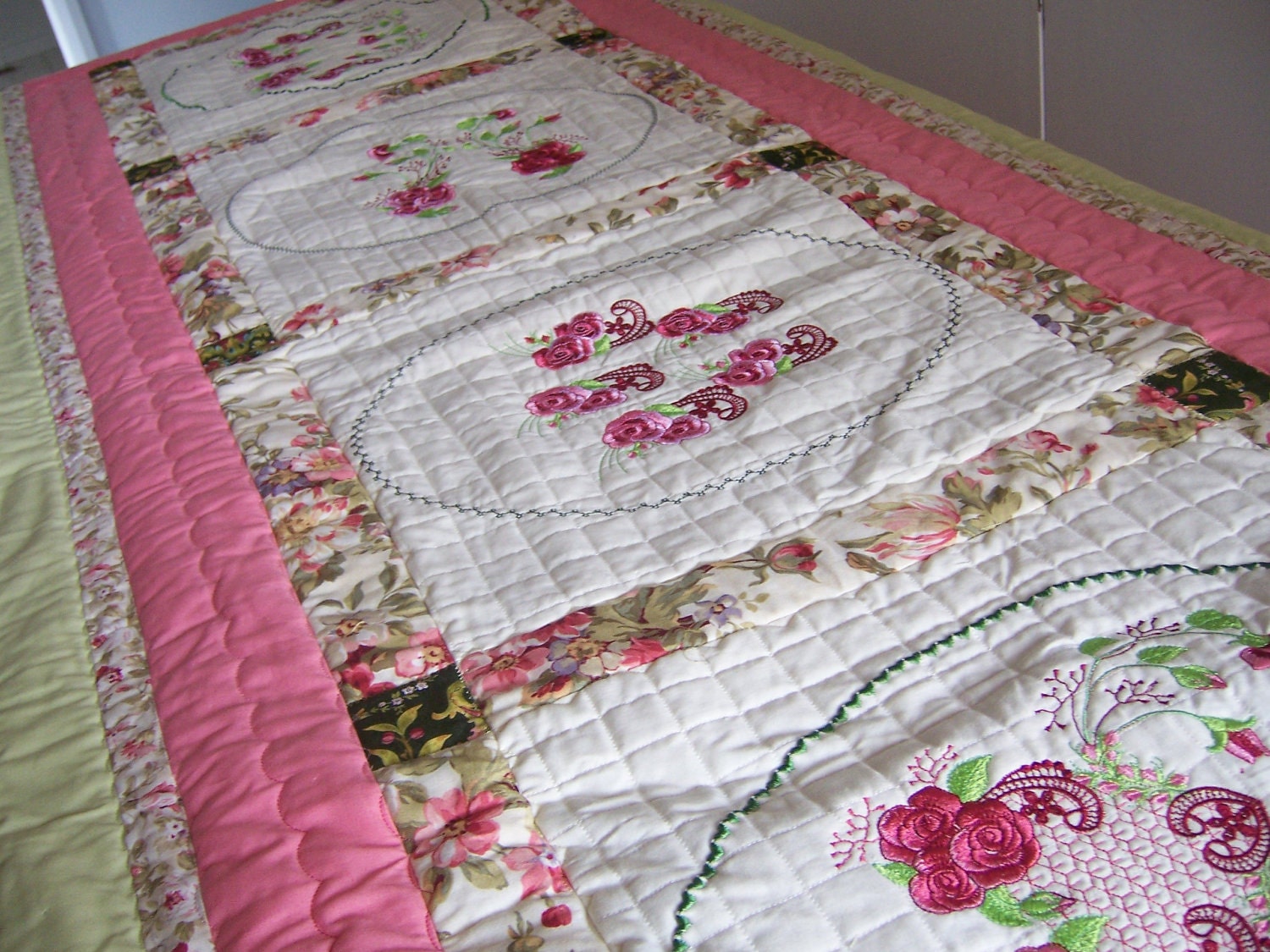 Quilted Bed Runner Queen Bed Runner Embroidered by Fiberartplus