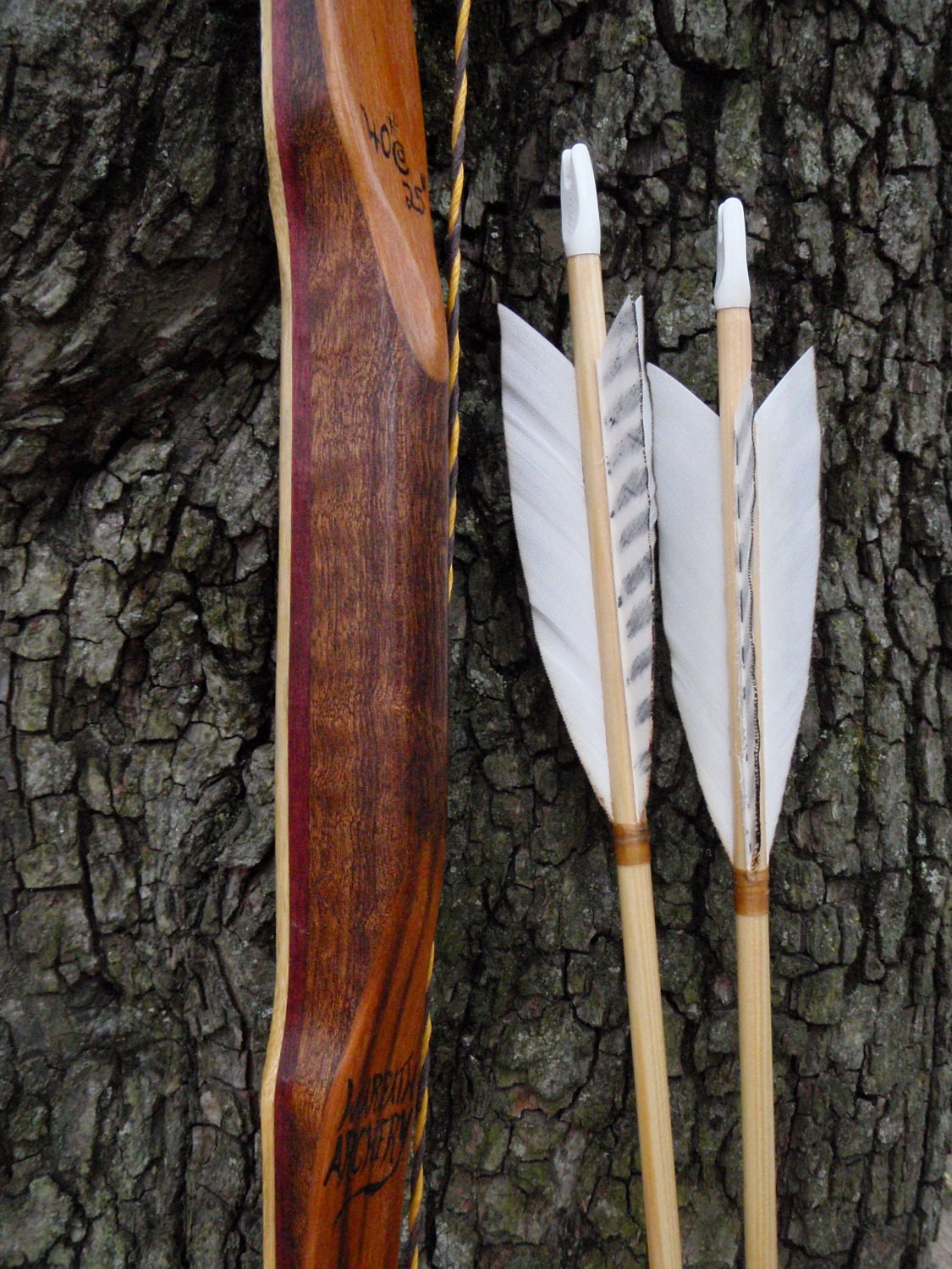 Canarywood, Purpleheart and Bamboo bow with Mahogany burl handle, 40lb at 25", wood archery bow, comes with arrows