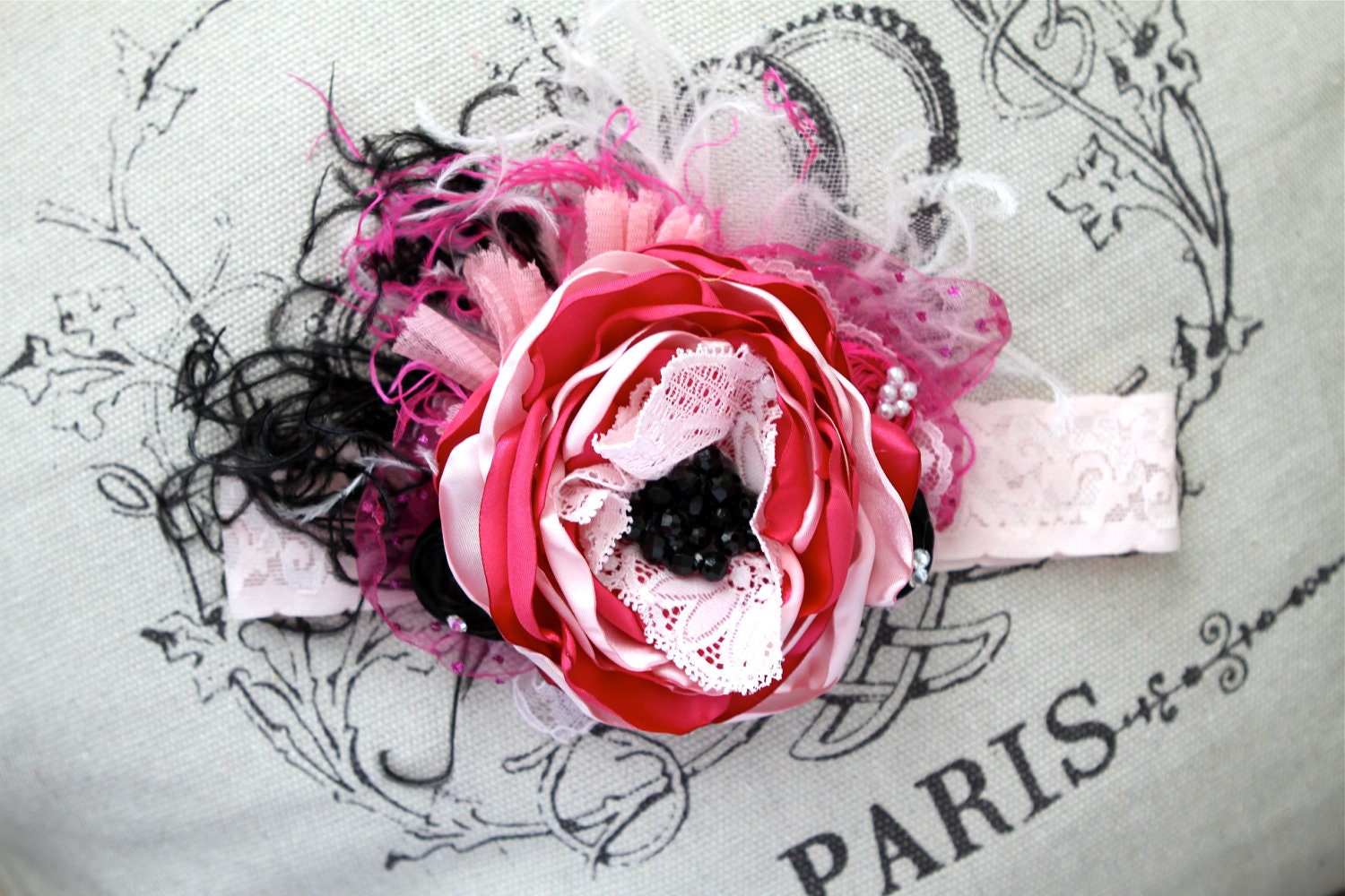 Parisian Inspired Feather headband for Hot pink, Black and Light pink birthday party