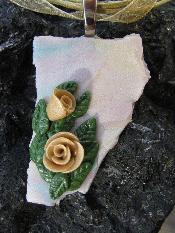Faux Mother of Pearl Polymer Clay Pendant "Champagne Roses"