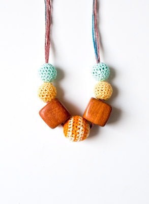 SALE 20%-Wooden and Crochet Necklace-Orange Yellow Light blue