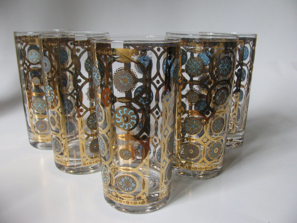 Vintage Culver Glass Highballs in Blue and Gold