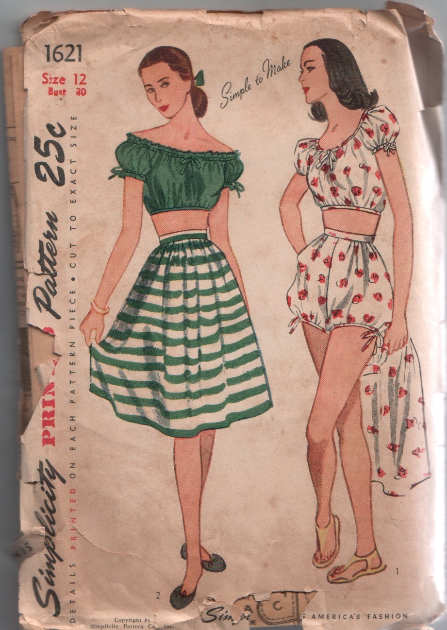 Vintage 1940's Play Suit Pattern Simplicity 1621 30 Bust