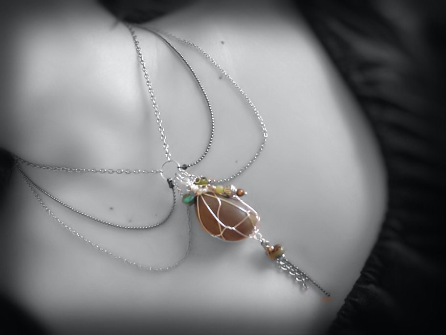 Wire Wrap River Rock Necklace - Jasper, Turquoise, Jade Beads - Multi Chain Swags - Unique Nature Inspired Jewelry