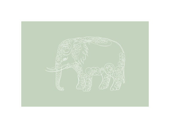 12 x 9 Calligraphic Elephant Art Print - Muted Green