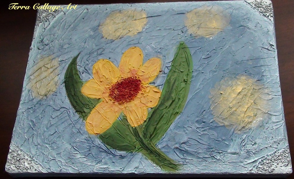 Flower in the Water Original Mixed Media Art. Blue Floral home decor
