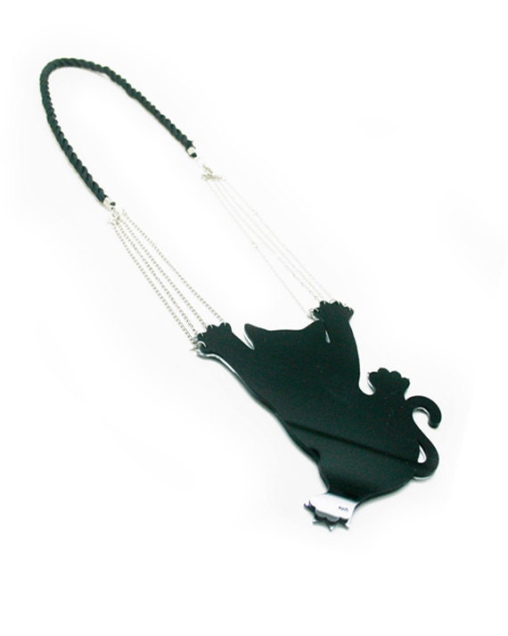 Crawling Cat Pendant Statement Necklace in Black and SIlver Mirror Acrylic with SIlver Chain