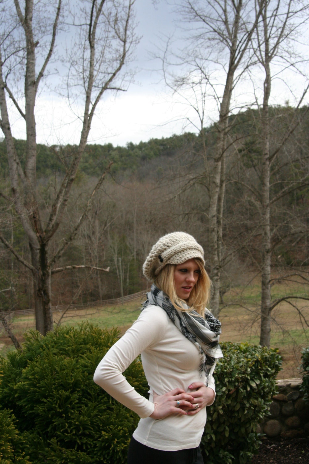 Newsboy Slouchy Hat / The Evreux / Hand Crocheted With Knitted Front Strap and Two Buttons On Each Side Wheat White