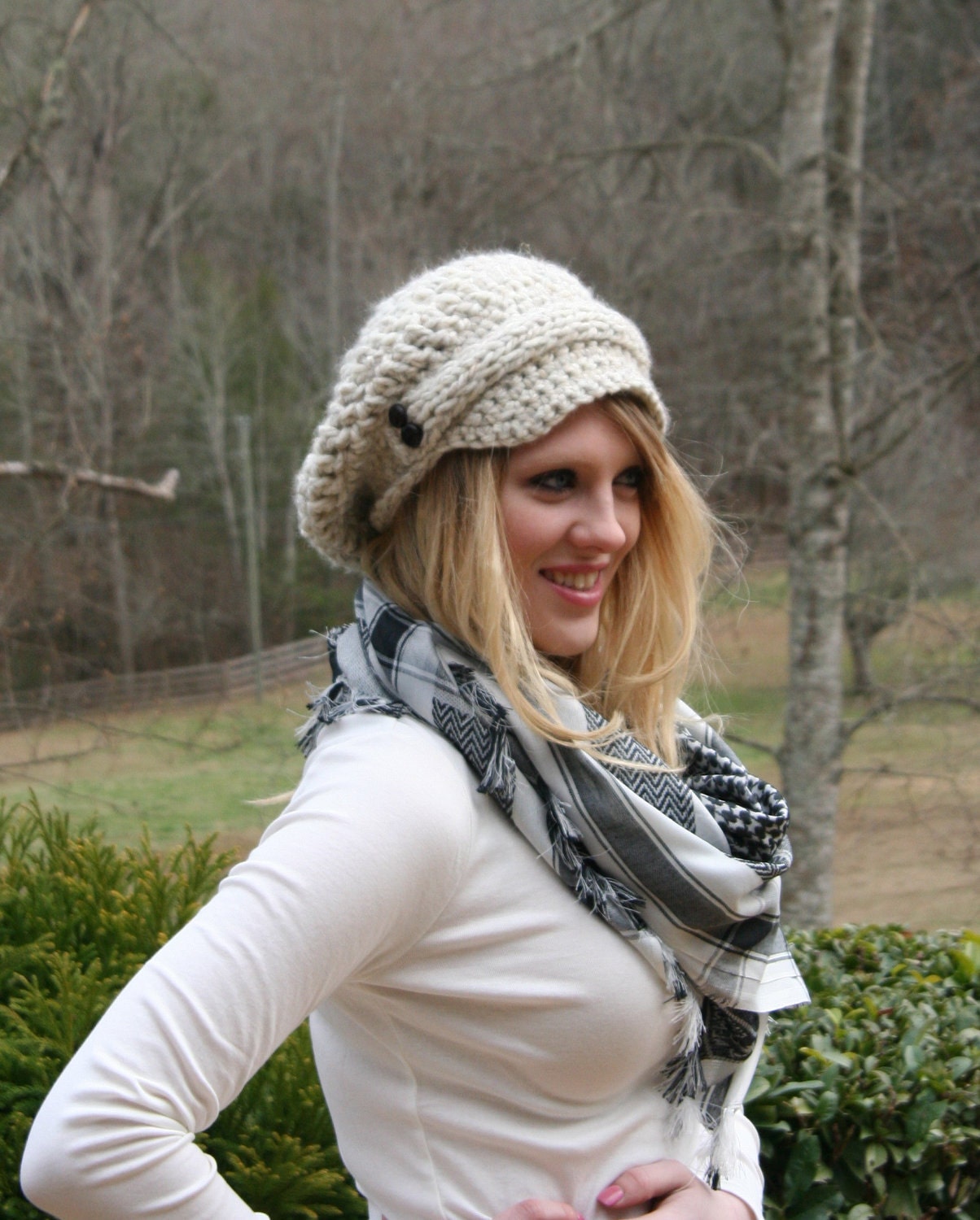 Newsboy Slouchy Hat / The Evreux / Hand Crocheted With Knitted Front Strap and Two Buttons On Each Side Wheat White