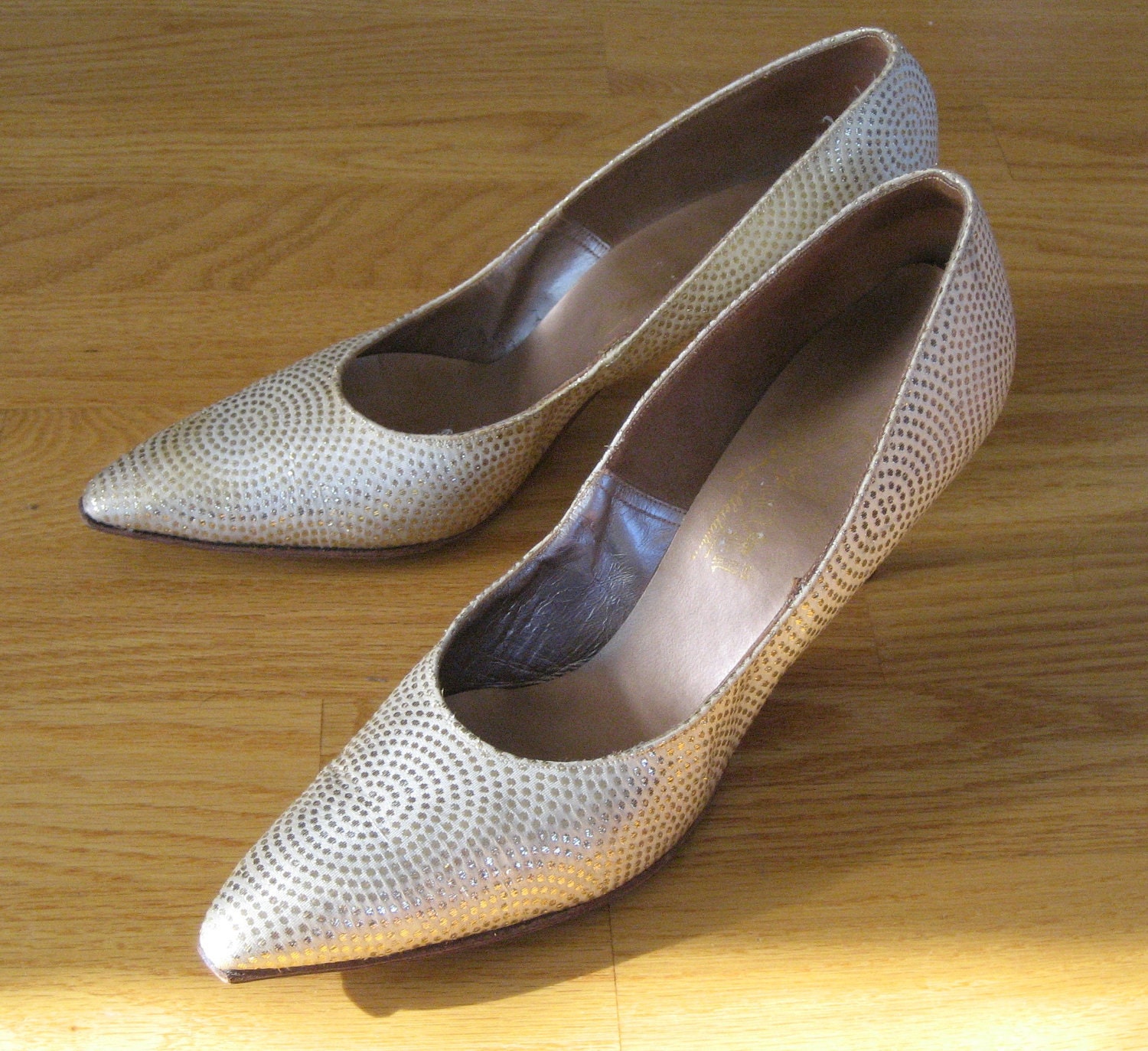 Vintage leather and gold ladies shoes.  High heels.  Size six and a half.