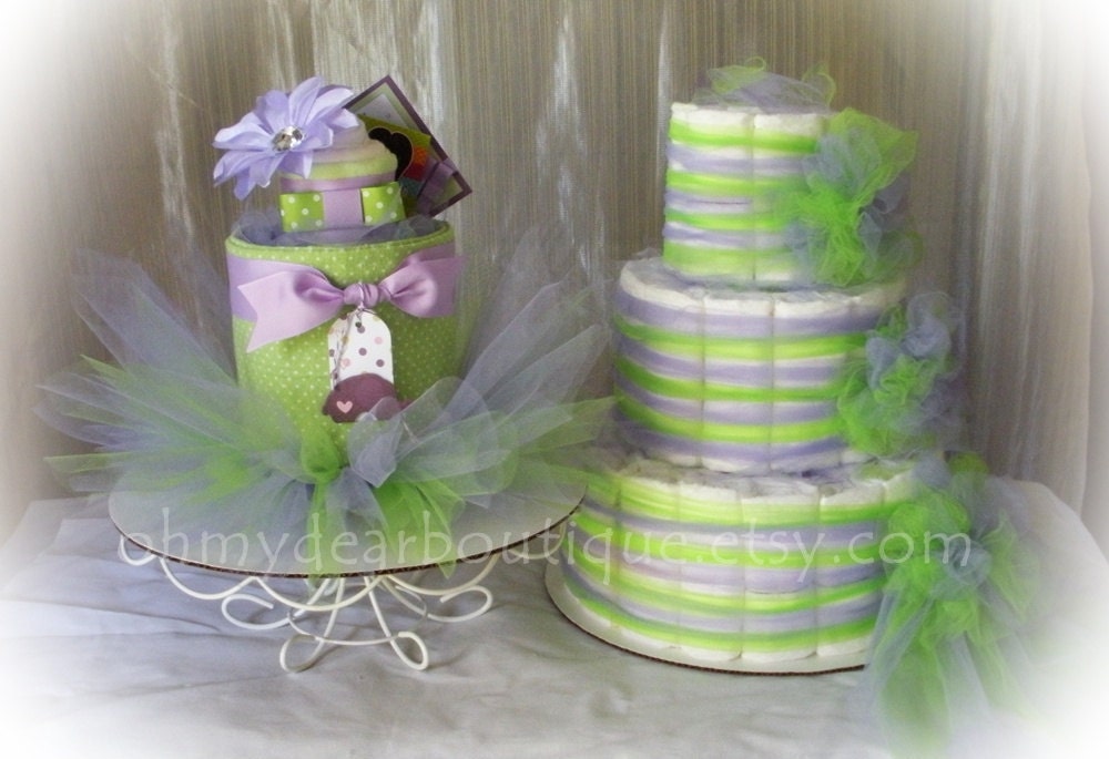 Baby Shower Diaper Cake Set, 3 Tier Diaper Cake and Mini Diaper Cake with Diaper Cupcake, Lavender and Apple Green