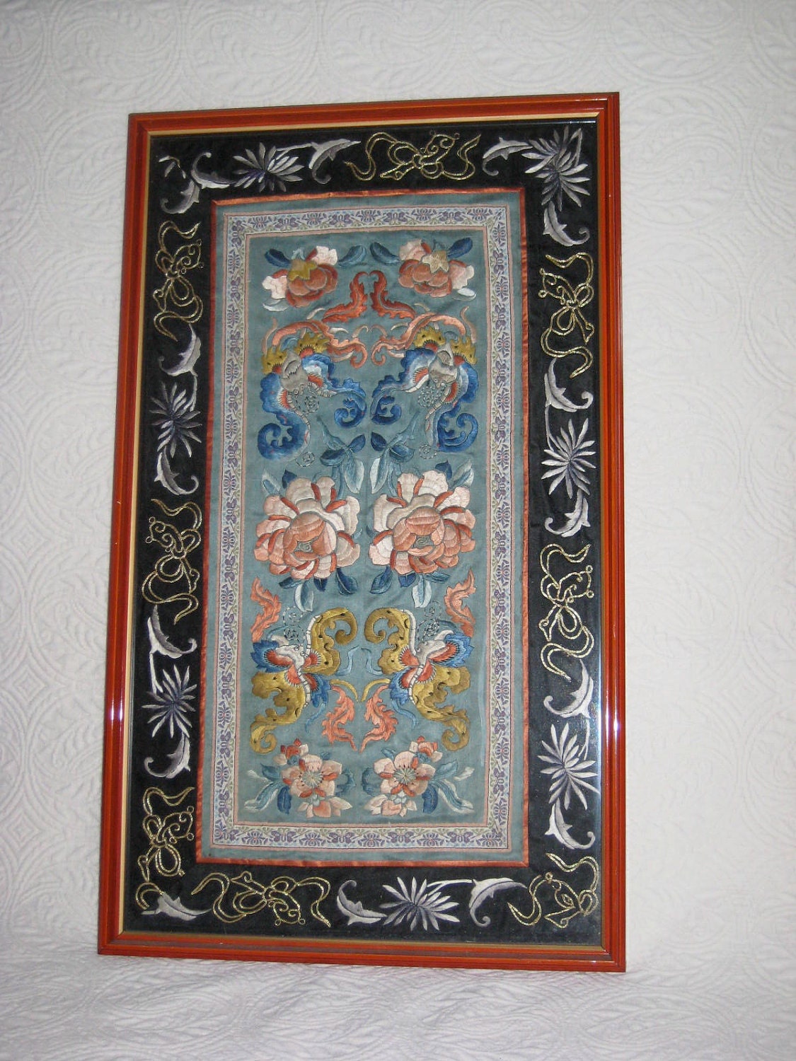 Antique framed chinese embroidery mandarin sleeve - flowers and bats