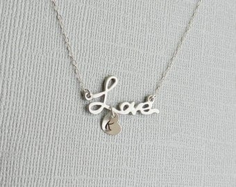 Sale Custom Initial "LOVE" Script Necklace- Handstamp Heart Sterling silver