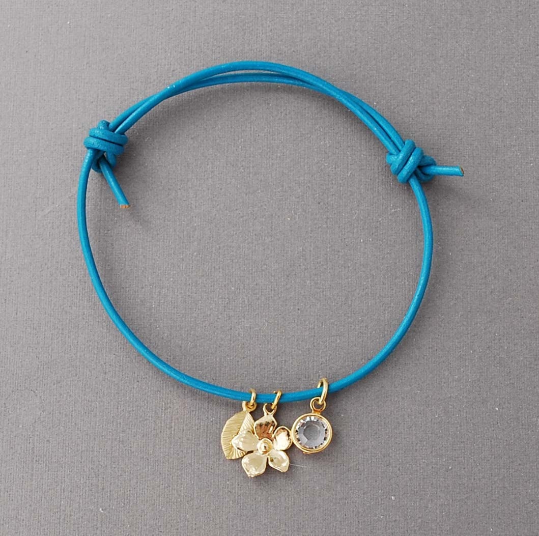 Flower, Leaf, and Crystal Adjustable Leather Bracelet Gold or Silver