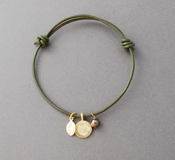 Lotus Leaf Pearl Adjustable Leather Bracelet Gold by JENNYandJUDE