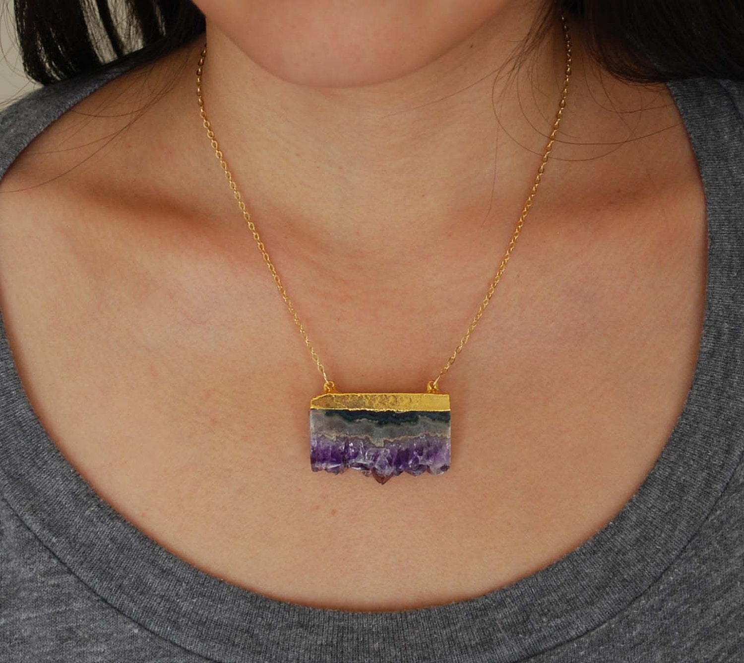 Double Connected Gold Amethyst Stalactite Slice Necklace