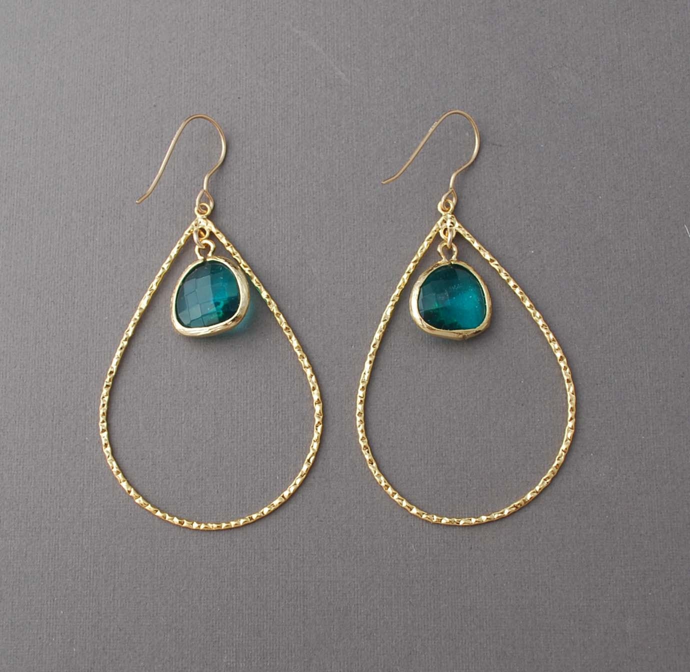 Gold Teardrop Hoop Earrings With Teal Glass Drops