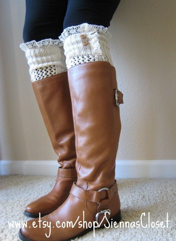 The Nellie Knit - Cream - Cream Open Knit LEGWARMER with Ivory Lace detail and Brown Buttons FREE SHIPPING (item no. 8-7)