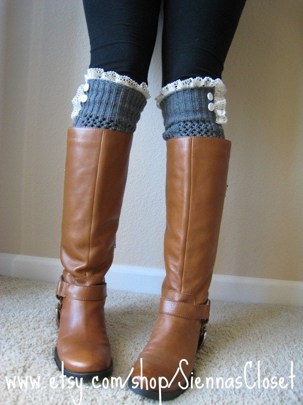 The Nellie Knit - Grey" - Grey Open Knit LEGWARMER with Ivory Lace detail and Ivory Buttons