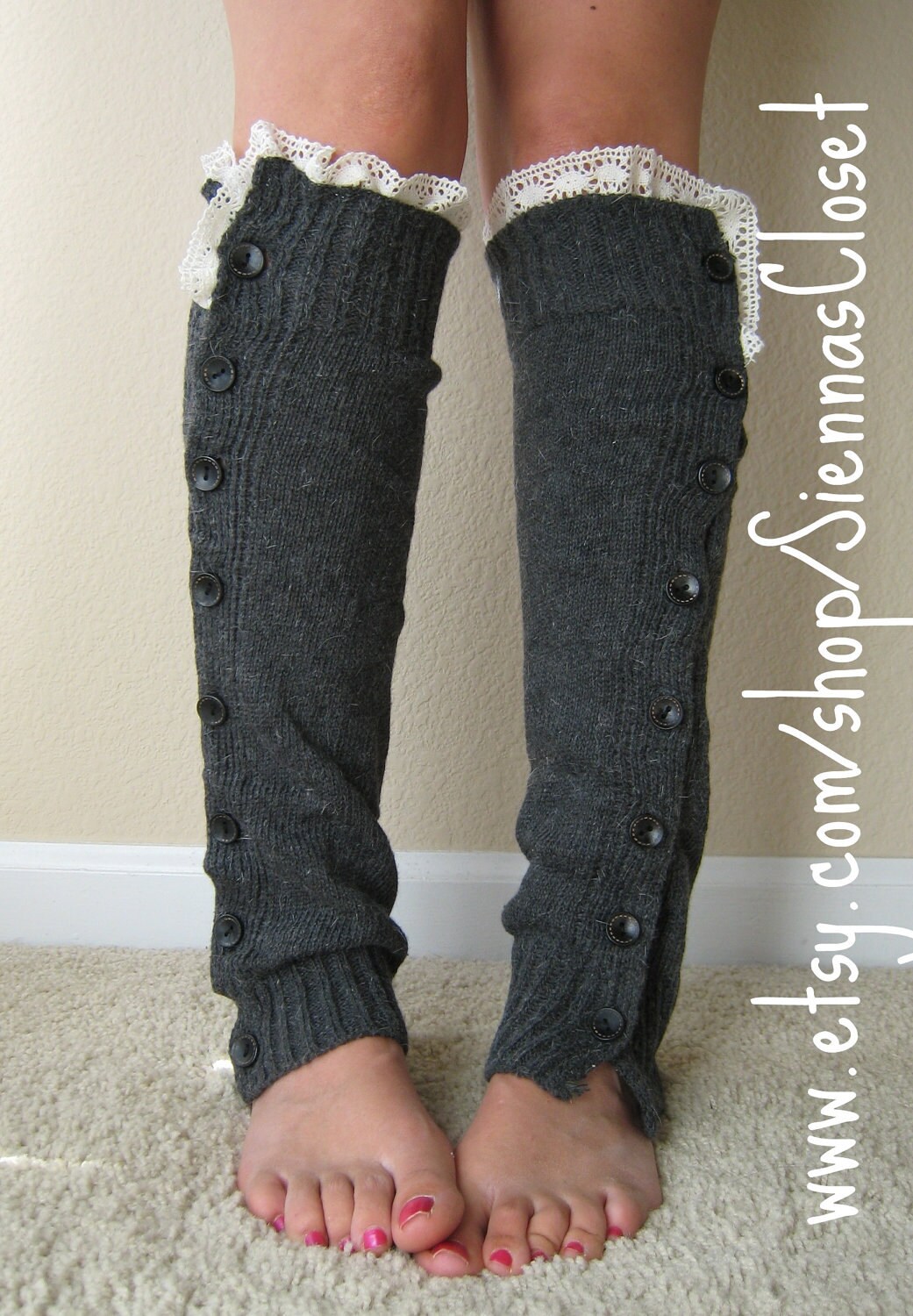 The Miss Molly- Charcoal Super Soft Slouchy Button Down LEGWARMERS w/ Ivory Knit Lace Trim