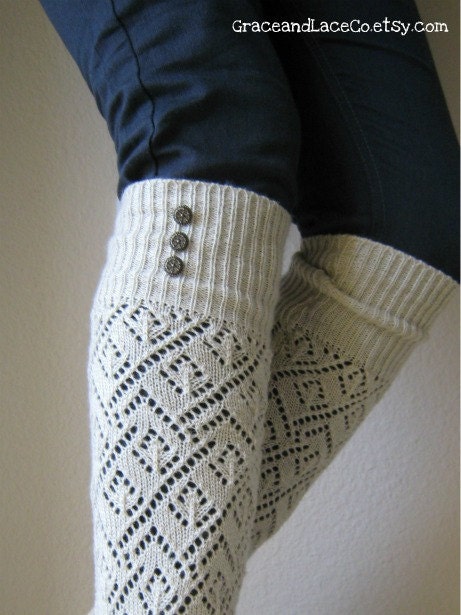 SALE SALE LouLou - Natural: Open-work Leg warmers with Rubbed Bronze Metal Buttons - Legwarmers boot socks (item no. 9-14)