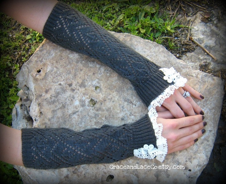 Lacey Arm Warmers - womens Fingerless Gloves in Graphite - open-knit with lace trim & buttons: (item no. A-3-23)