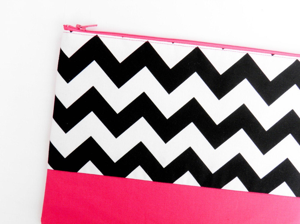 Neon Chevron XLARGE zipper pouch 10 x 8 inch geometry black and white and hot pink