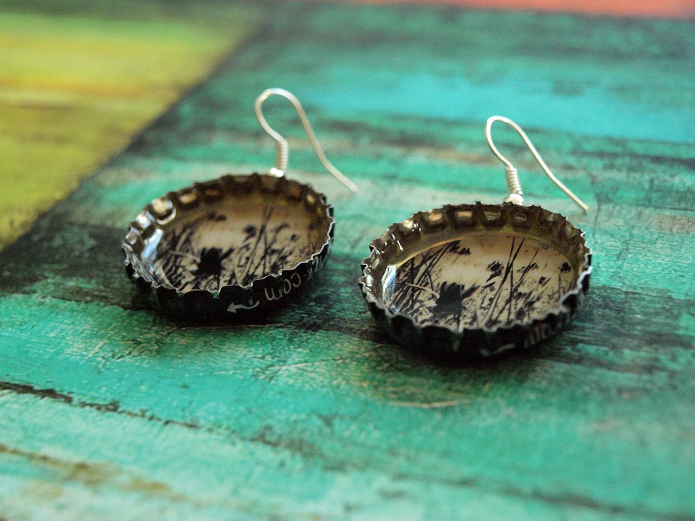 Upcycled bottlecap photo earrings- Black and white summer dandelion photo