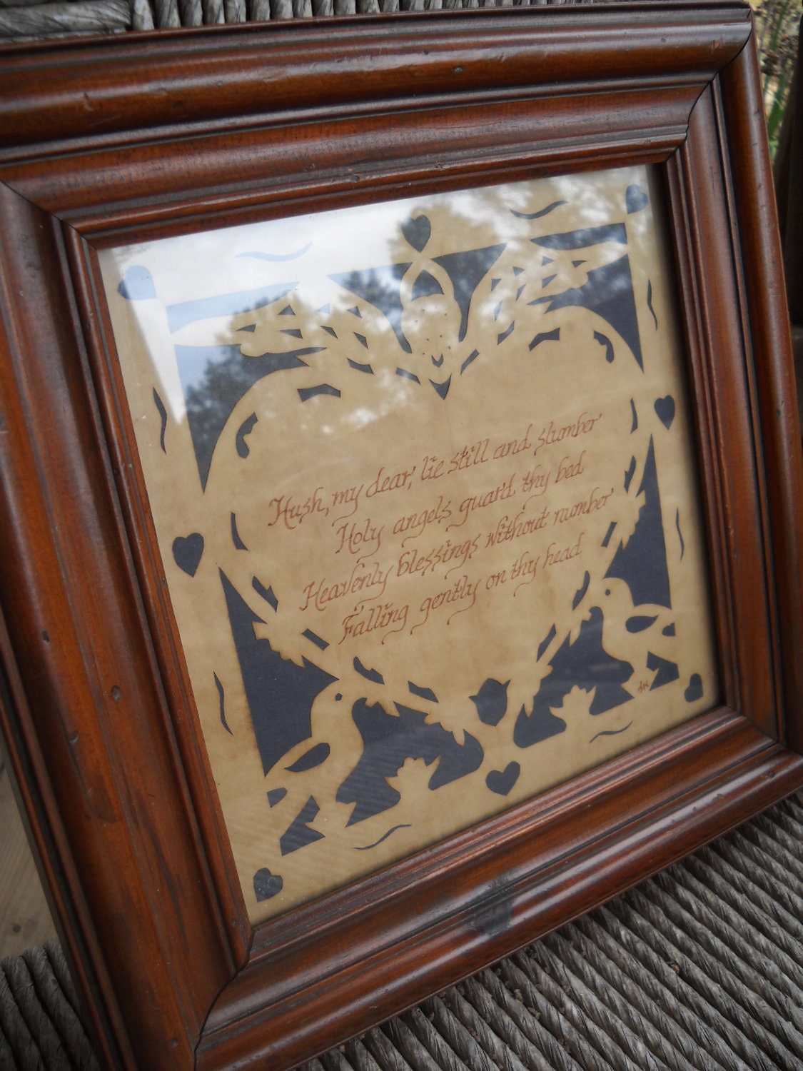 Hush My Dear, Lie Still and Slumber Vintage Handmade Framed Lullaby German Scherenschnitte Paper Cutting