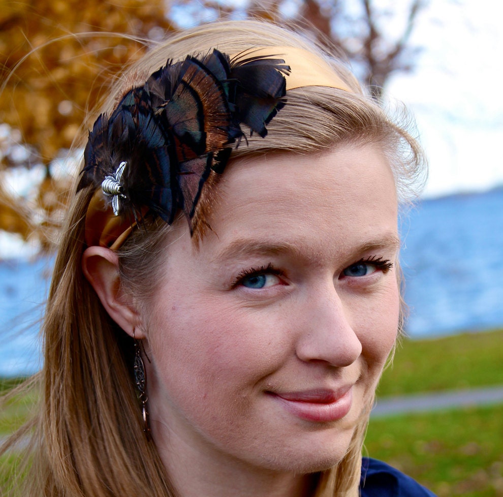 Black Turkey Feather & pewter bumble bee Fascinator Headband - Fauna