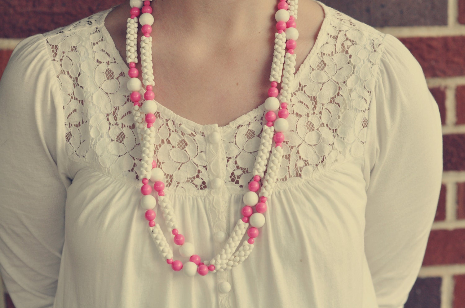 Awesome Vintage Beaded PAIR of Necklaces Hot Pink and White
