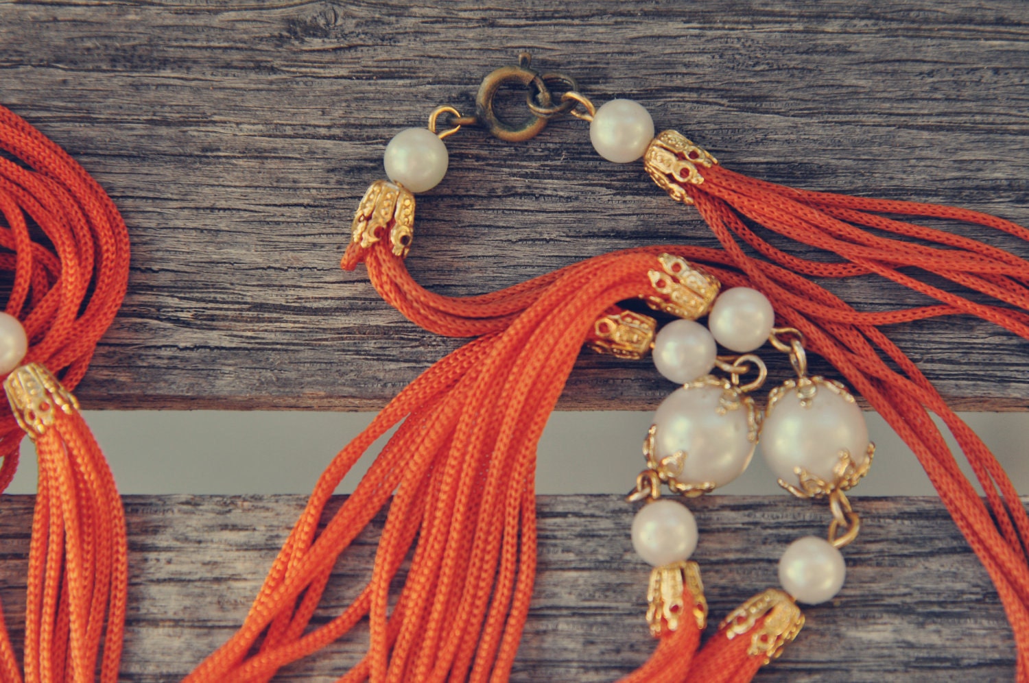 Vintage Orange Tassel Necklace with Faux Pears and Goldtone Metal Caps