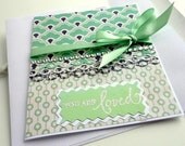 YOU ARE LOVED blank inside Greeting Card, Mint Green, Navy Blue, Ribbon, SeaFoam, Clear Rhinestone, Embossed Stamp